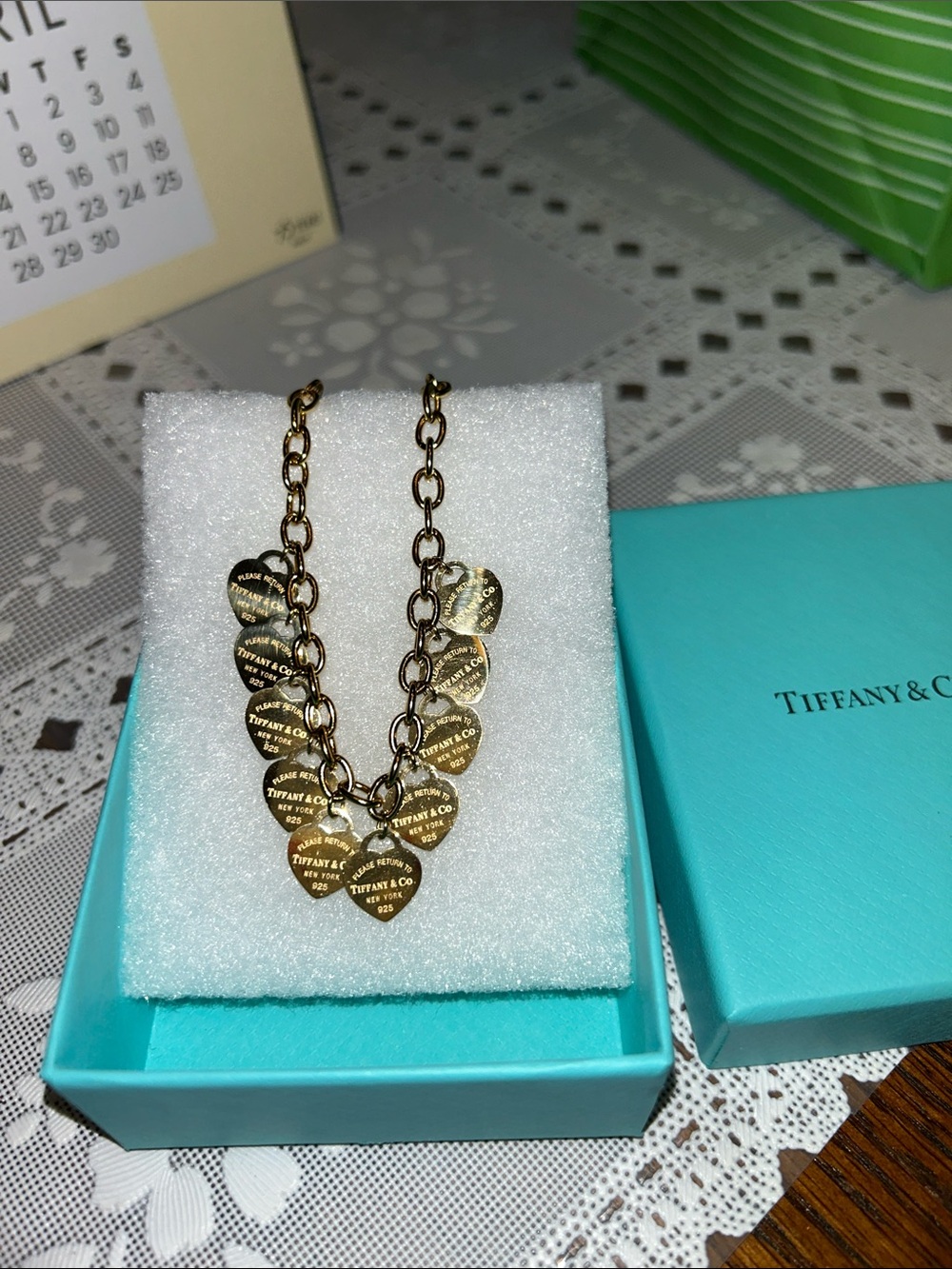 Tiffany & Co. 925 Sterling Silver Gold-tone Heart Charm Link Necklace